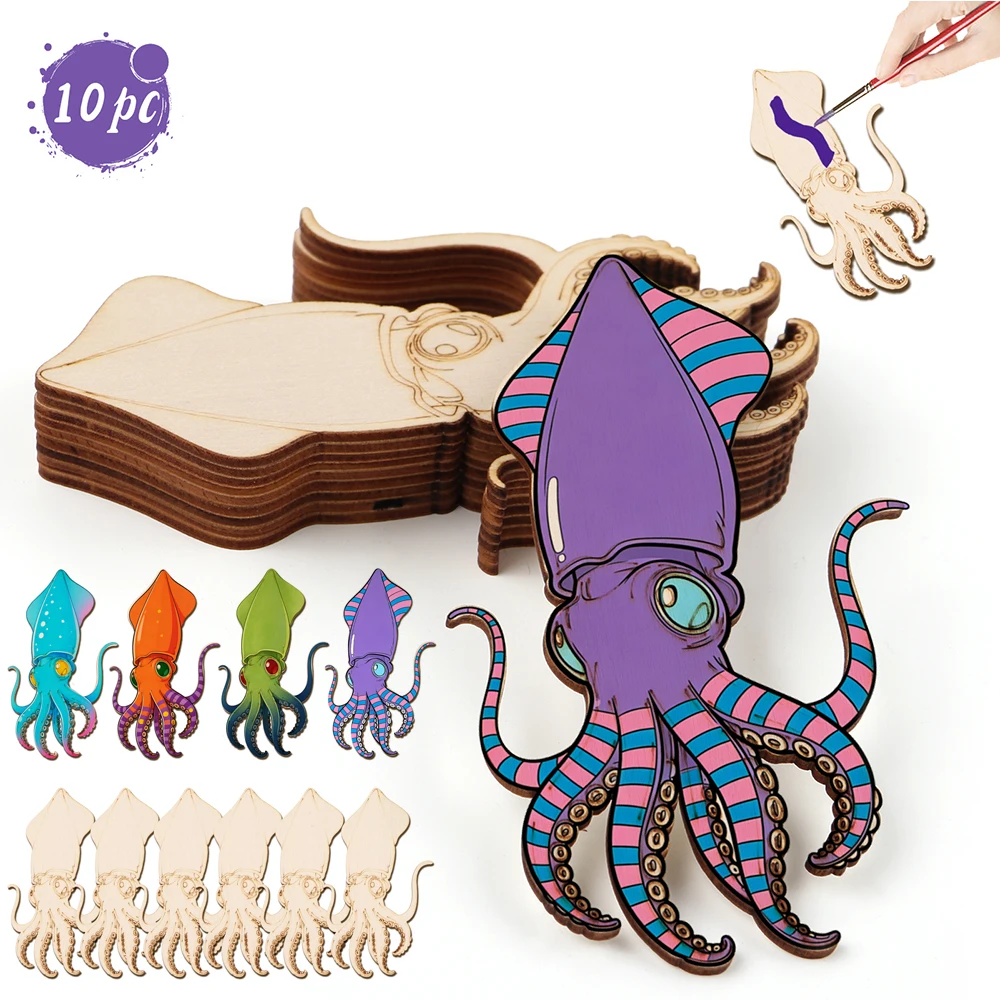 Art & Craft Hari Raya - 10pcs/set Unfinished Wood Craft Octopus Animal